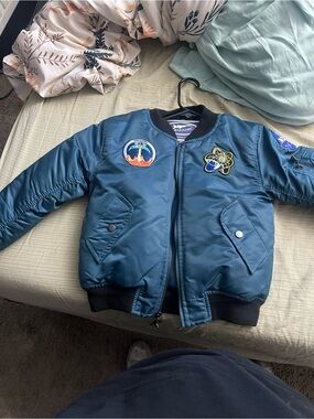Kids Teal Blue Space-Patch Puffer Jacket